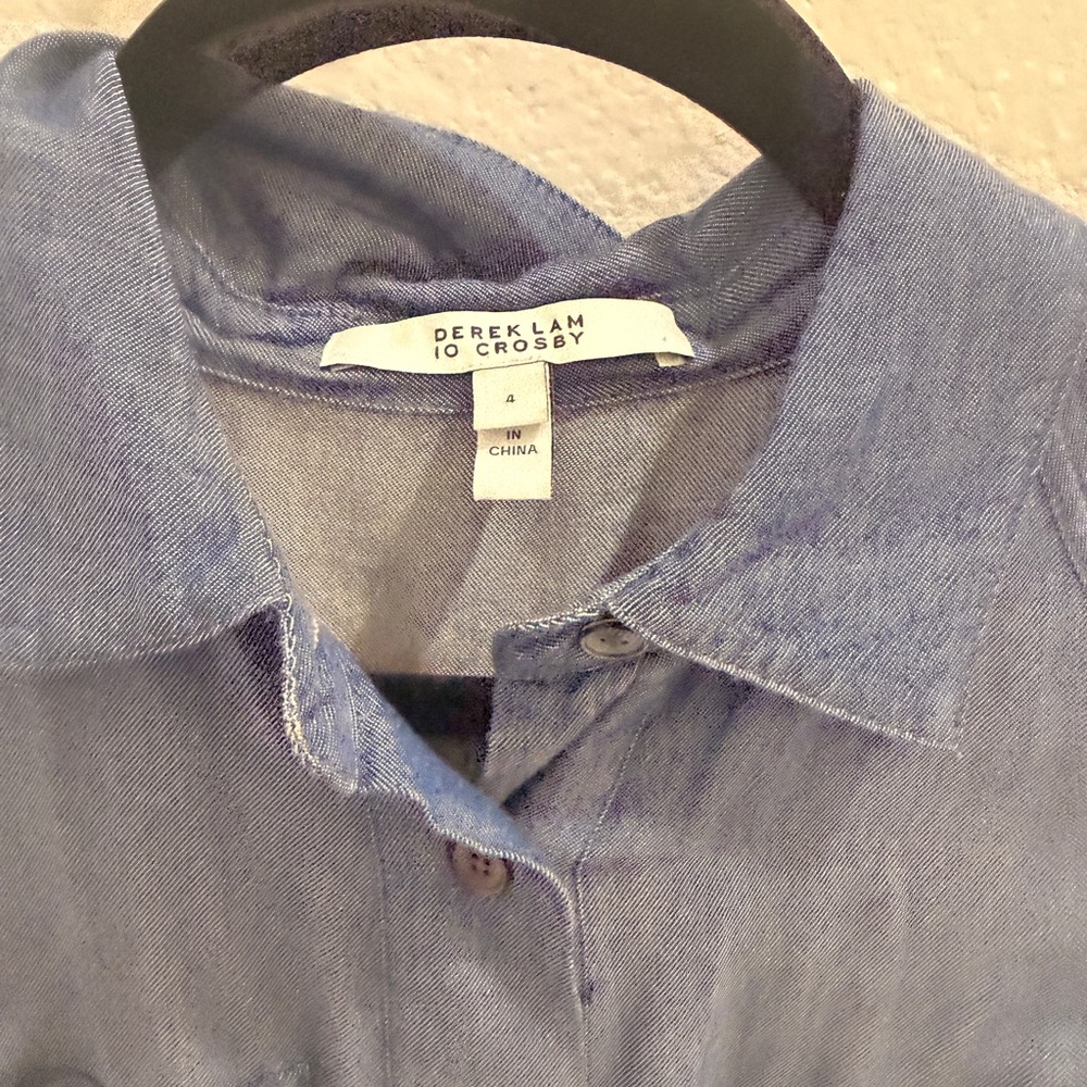 Derek Lam size 4 Chambray Blue Button-Front Mini Dress with Tie - Picture 2 of 3